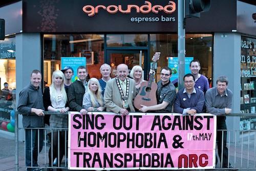 Cllr Mick Murphy, Mayor, Newry and Mourne District Council and his wife Carol attended the recent Sing out against Homophobia night at Grounded and is pictured here with guests and singers from the night. Photo: Columba O'Hare
